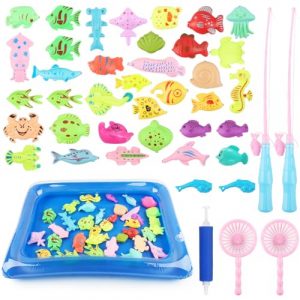 Badaren Gioco da Pesca Magnetico - 43 Pezzi, Giocattolo da Bagno con Canna, Rete e Magnete - Regalo per Ragazze e Ragazzi