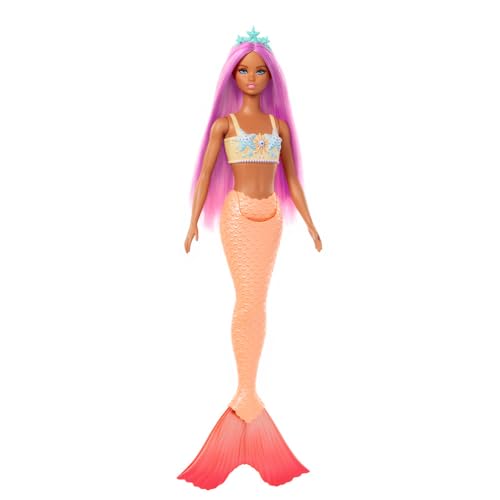 Barbie - Sirena, Bambola con Capelli Rosa e Lilla e Cerchietto Fantasia, Corpetto Ispirato alle Conchiglie e Coda Color Lavanda, Giocattolo per Bambini, 3+ Anni, HRR06 - immagine 3
