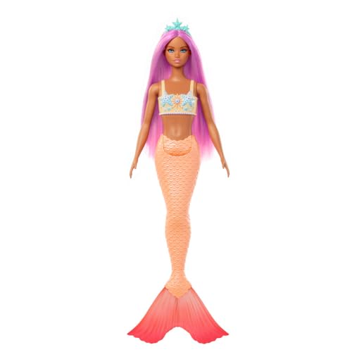 Barbie - Sirena, Bambola con Capelli Rosa e Lilla e Cerchietto Fantasia, Corpetto Ispirato alle Conchiglie e Coda Color Lavanda, Giocattolo per Bambini, 3+ Anni, HRR06 - immagine 6