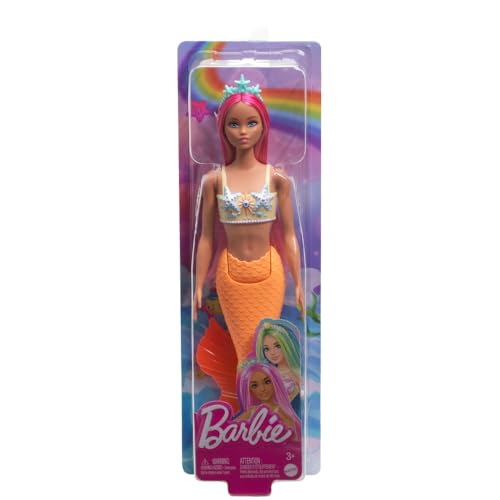 Barbie - Sirena, Bambola con Capelli Rosa e Lilla e Cerchietto Fantasia, Corpetto Ispirato alle Conchiglie e Coda Color Lavanda, Giocattolo per Bambini, 3+ Anni, HRR06 - immagine 7