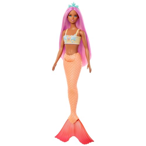 Barbie - Sirena, Bambola con Capelli Rosa e Lilla e Cerchietto Fantasia, Corpetto Ispirato alle Conchiglie e Coda Color Lavanda, Giocattolo per Bambini, 3+ Anni, HRR06