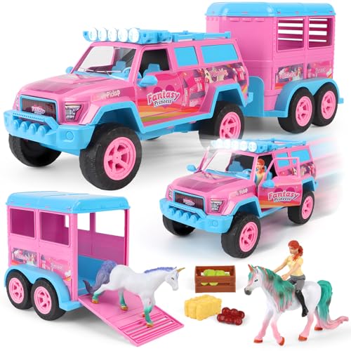 Charmofun Giocattolo Rimorchio per Cavalli, Trasportatore di Cavalli con Suoni e Luci (incl. Auto, Personaggio, 2 Unicorni, 8 Accessori), Giocattolo per Cavalli per Bambini dai 3 Anni in Su