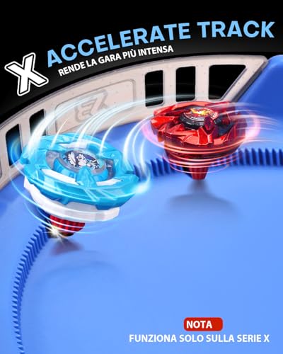 DEZAWRTY X Trottola Stadio Set da Battaglia con X Acceleration Rail, 6 trottole giocattolo e 2 lanciatori e 1 arena, arena da combattimento per bambini dai 6 anni in su, gioco Battling Xtreme, blu - immagine 3