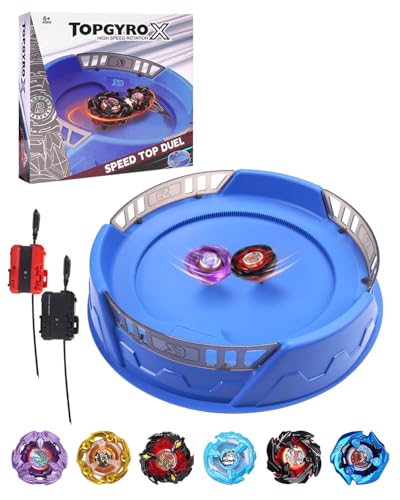 DEZAWRTY X Trottola Stadio Set da Battaglia con X Acceleration Rail, 6 trottole giocattolo e 2 lanciatori e 1 arena, arena da combattimento per bambini dai 6 anni in su, gioco Battling Xtreme, blu