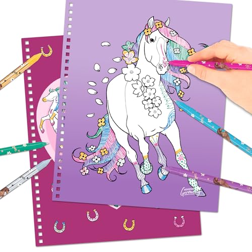 Depesche 12931 Miss Melody Crea Libro da colorare con 30 Pagine per disegnare Motivi di Cavalli, incl. 6 Penne Gel Glitterate, Multicolore, One Size - immagine 4