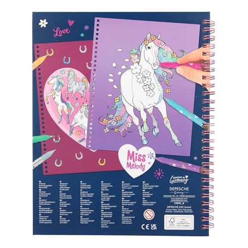 Depesche 12931 Miss Melody Crea Libro da colorare con 30 Pagine per disegnare Motivi di Cavalli, incl. 6 Penne Gel Glitterate, Multicolore, One Size - immagine 6