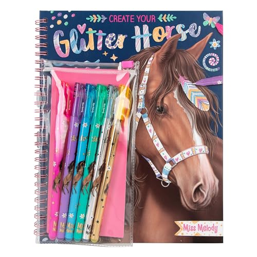Depesche 12931 Miss Melody Crea Libro da colorare con 30 Pagine per disegnare Motivi di Cavalli, incl. 6 Penne Gel Glitterate, Multicolore, One Size