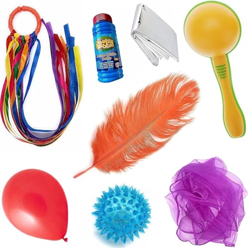 Giocattoli sensoriali per bambini Giocare Set Box Sciarpe, Lampeggiante Palla Luci Lampeggianti, Coperta stagnola, Maraca, Bolle, Piuma, Nastro, Regali del bambino