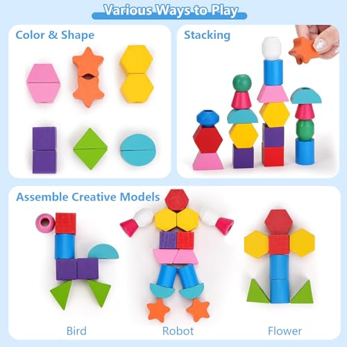 Guopai Montessori Giocattolo 2-in-1, Giochi da Infilare in Legno Educativi per Bambini 2-5 Anni, Impilare, Ordinamento Colori e Forme, Regalo Montessori per Bambini 3 4 5 Anni - immagine 4