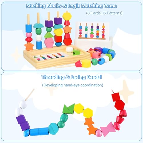 Guopai Montessori Giocattolo 2-in-1, Giochi da Infilare in Legno Educativi per Bambini 2-5 Anni, Impilare, Ordinamento Colori e Forme, Regalo Montessori per Bambini 3 4 5 Anni - immagine 5