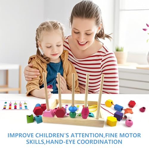 Guopai Montessori Giocattolo 2-in-1, Giochi da Infilare in Legno Educativi per Bambini 2-5 Anni, Impilare, Ordinamento Colori e Forme, Regalo Montessori per Bambini 3 4 5 Anni - immagine 6