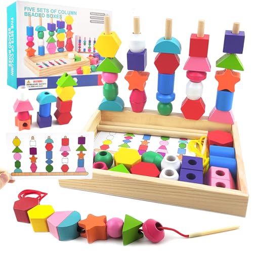 Guopai Montessori Giocattolo 2-in-1, Giochi da Infilare in Legno Educativi per Bambini 2-5 Anni, Impilare, Ordinamento Colori e Forme, Regalo Montessori per Bambini 3 4 5 Anni