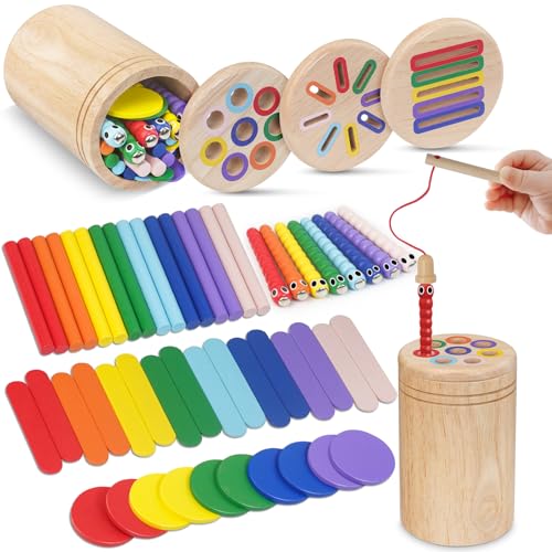 Haozozo Giochi Bambini 1 2 3 Anni, 4 in 1 Giochi Montessori 1 2 3 4 Anni, Legno Colori per Bambini 1 2 3 Anni, Gioco Bambino 1-3 Anni con Borsa per la Conservazione
