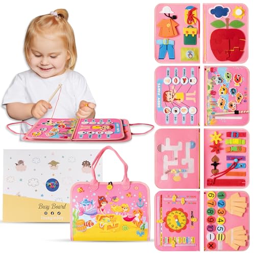 ImaginJoy Busy Board Montessori 1 Anno – Libro Montessori Interattivo con Giochi Educativi e Sensoriali, Pesca Magnetica e Circuito Colori – Regalo Perfetto Bambina 1-2 Anni da Viaggio