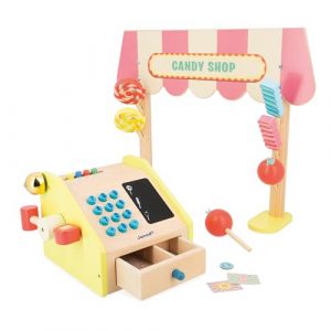 Janod - Bancarella Bambini Applepop - Gioco di Imitazione con Registratore di Cassa - 19 Accessori - Sviluppa l'Immaginazione - Giocattolo in Legno FSC - Vernice a Base d'Acqua - dai 3 Anni, J03350