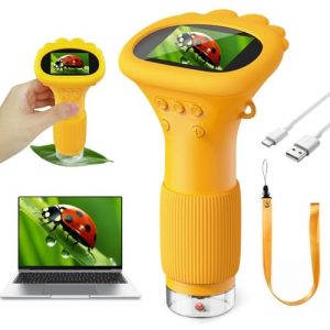 Lemoni Microscopio Ashfly per bambini, microscopio digitale da 2,0", schermo IPS USB Microscope LED Lights – Collegamento a PC, mini microscopio esterno a partire da 3 anni, arancione