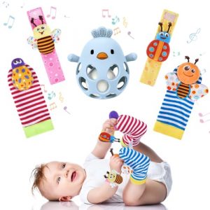 MCGMITT Set Giocattolo Neonato 0-12 Mesi – Massaggiagengive in Silicone, Calzini Sonori e Braccialetti con Sonaglio, Sensoriale Montessori Regalo Perfetto per Bambini