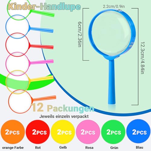 Mini Lente D'ingrandimento,12 Pezzi Colorati Bambini Plastica Lente D'ingrandimento Portatili Lente di Ingrandimento Detective per Lettura di Libri,Scienze Educative,Attività all'Aperto (6 Colori) - immagine 3