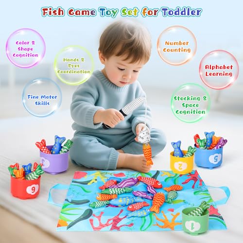 Montessori giocattolo a partire da 1 anno, gioco di pesca per bambini con tazze e tappetino, giocattolo educativo per conteggio dei numeri, colori assortiti, regali di compleanno per ragazzi e ragazze - immagine 3