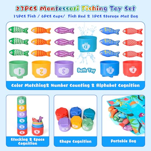 Montessori giocattolo a partire da 1 anno, gioco di pesca per bambini con tazze e tappetino, giocattolo educativo per conteggio dei numeri, colori assortiti, regali di compleanno per ragazzi e ragazze - immagine 5