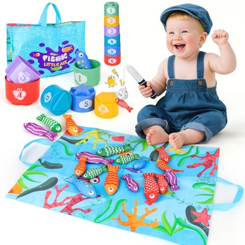 Montessori giocattolo a partire da 1 anno, gioco di pesca per bambini con tazze e tappetino, giocattolo educativo per conteggio dei numeri, colori assortiti, regali di compleanno per ragazzi e ragazze