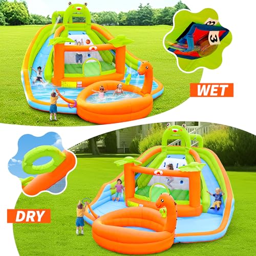 WELLFUNTIME Parco gonfiabile degli scivoli del doppio dell'acqua con il ventilatore, castello rimbalzante con il cannone dell'acqua, stagno di dinosauro, castello della rana, parete rampicante - immagine 4