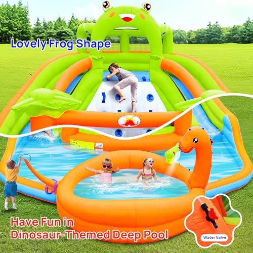 WELLFUNTIME Parco gonfiabile degli scivoli del doppio dell'acqua con il ventilatore, castello rimbalzante con il cannone dell'acqua, stagno di dinosauro, castello della rana, parete rampicante - immagine 5