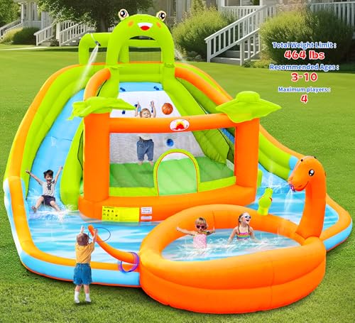 WELLFUNTIME Parco gonfiabile degli scivoli del doppio dell'acqua con il ventilatore, castello rimbalzante con il cannone dell'acqua, stagno di dinosauro, castello della rana, parete rampicante - immagine 8