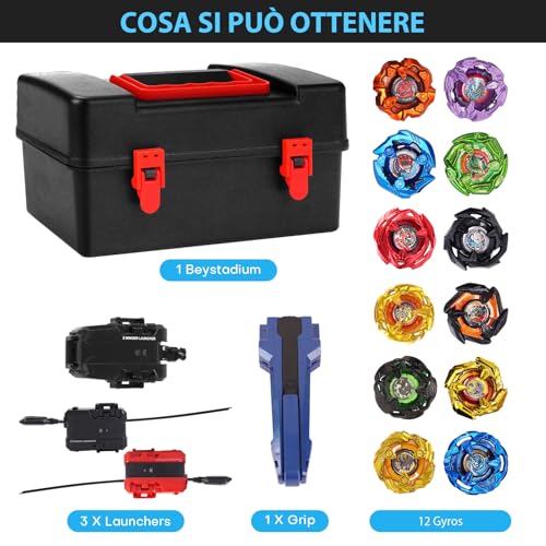X set da battaglia per trottole a scatola, Set da Battle Spinner, 12 trottole a scoppio 2 lanciatori 1 corda di avviamento con manico, scatola per trottole a scoppio - immagine 3