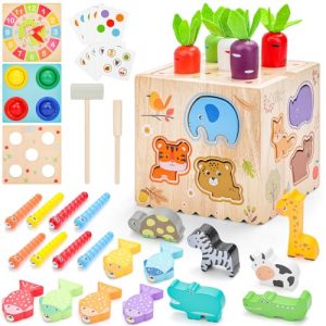 deAO Giocattolo Montessori Multifunzionale - Cubo delle Abilità Motorie 8 in 1 Giocattolo in Legno con Carote, Animali, Pesca e Forme per lo Sviluppo Cognitivo e Motorio per Bambini