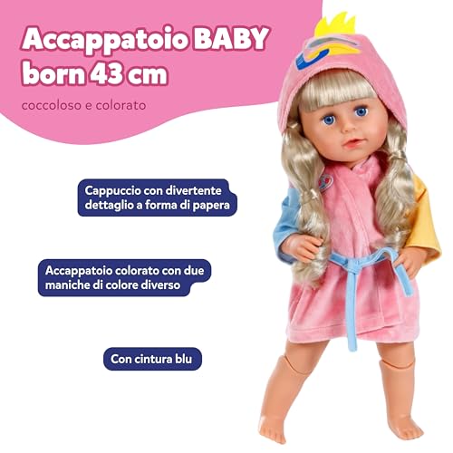 Accappatoio BABY born - Con cappuccio e maniche di diversi colori - Accessorio per bambole di alta qualità - Vestiti adatti a bambole di 43 cm - immagine 3