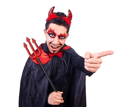 Balinco Costume da diavolo, con corna rosse e tridente, taglia unica, unisex, per Halloween, Carnevale - immagine 3