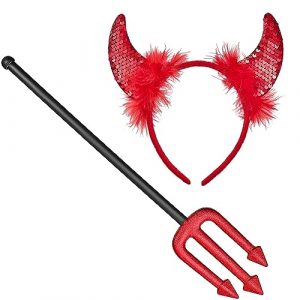 Balinco Costume da diavolo, con corna rosse e tridente, taglia unica, unisex, per Halloween, Carnevale