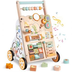 Carrello Primi Passi in Legno per Bambini – Girello Montessori con Centro Attività – Altezza e Velocità Regolabili – Giocattolo Educativo per Bimbi 12+ Mesi, Bambine e Bambini di 1 Anno
