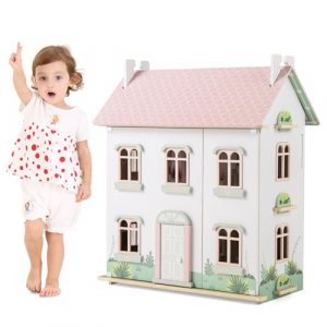 GYMAX Casa delle Bambole in Legno, Casa Giocattolo a 3 Livelli con Mobili e Accessori, con Tetti a 2 Lati, Porta Apribile, Scale in Legno Massiccio, Bambini 3 + anni
