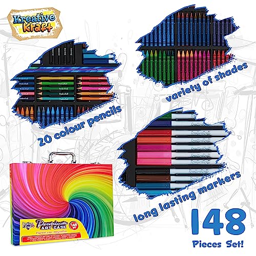 KreativeKraft Valigetta Colori per Bambini Kit Disegno Pastelli a Cera Colori a Matita Brillantini Pennarelli Colorati per Colorare Disegnare - immagine 5