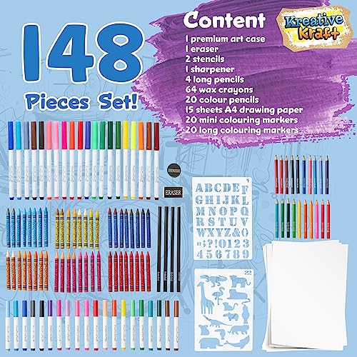 KreativeKraft Valigetta Colori per Bambini Kit Disegno Pastelli a Cera Colori a Matita Brillantini Pennarelli Colorati per Colorare Disegnare - immagine 7