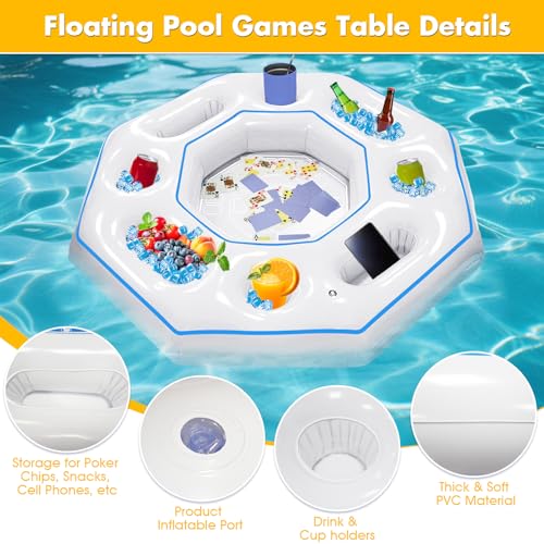 Lanathel Tavolo da gioco gonfiabile ottagonale con carte da gioco impermeabili, giochi da bar gonfiabili per adulti, vassoio portatile galleggiante per vasca idromassaggio o feste in piscina in - immagine 4