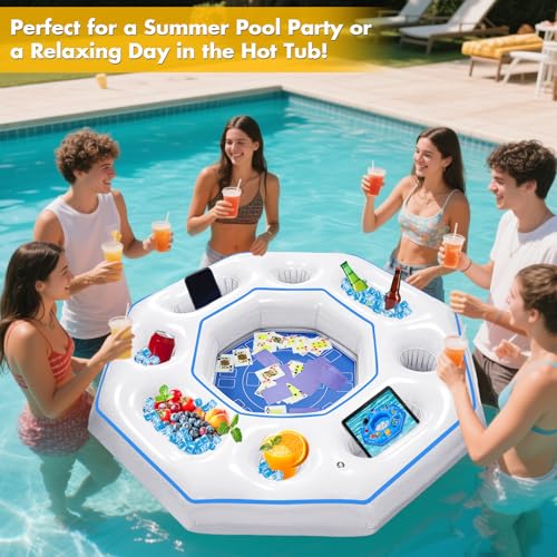 Lanathel Tavolo da gioco gonfiabile ottagonale con carte da gioco impermeabili, giochi da bar gonfiabili per adulti, vassoio portatile galleggiante per vasca idromassaggio o feste in piscina in - immagine 8