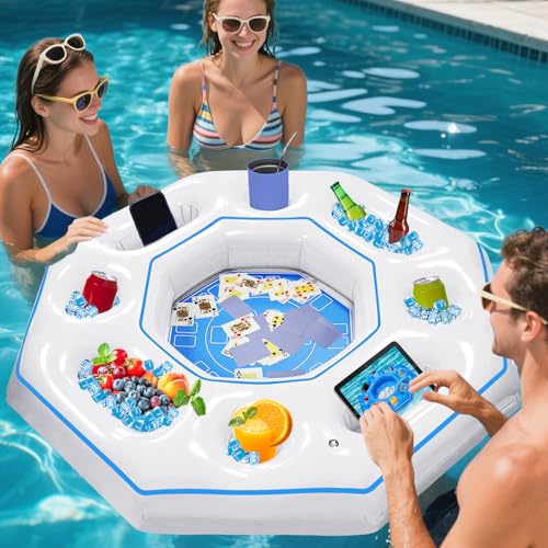 Lanathel Tavolo da gioco gonfiabile ottagonale con carte da gioco impermeabili, giochi da bar gonfiabili per adulti, vassoio portatile galleggiante per vasca idromassaggio o feste in piscina in