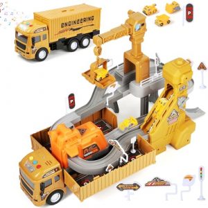 MOONTOY 4 in 1 Pista Macchinine Bambini, Veicoli da Cantiere Giocattolo con Grande Camion, Gru, Ruspe, con Costruzione Torre Gru, Nastro trasportatore, Regalo di Compleanno per 3 4 5 6 7 8+ Anni