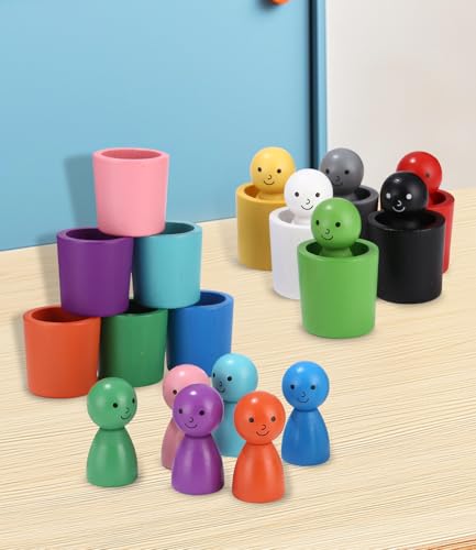 Palle in Tazze Giocattolo Montessori in Legno per Giochi Bambini 2 Anni, Giochi di Selezione di Figurine a 12 Colori e Abbinamento per Colore di Smistamento e Il Conteggio in età Prescolare - immagine 4