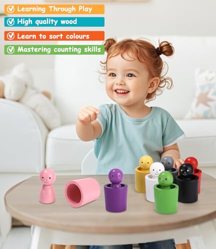 Palle in Tazze Giocattolo Montessori in Legno per Giochi Bambini 2 Anni, Giochi di Selezione di Figurine a 12 Colori e Abbinamento per Colore di Smistamento e Il Conteggio in età Prescolare - immagine 6
