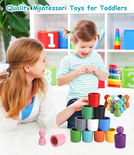 Palle in Tazze Giocattolo Montessori in Legno per Giochi Bambini 2 Anni, Giochi di Selezione di Figurine a 12 Colori e Abbinamento per Colore di Smistamento e Il Conteggio in età Prescolare - immagine 8
