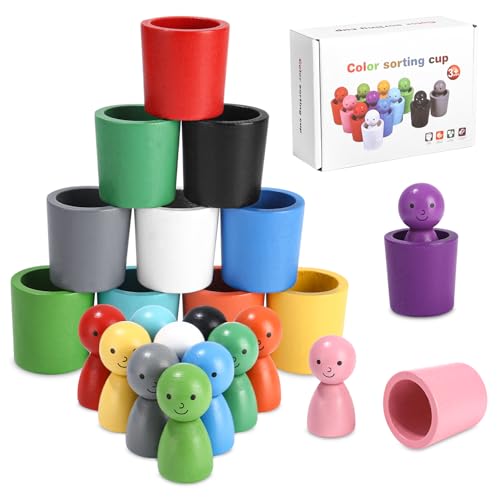 Palle in Tazze Giocattolo Montessori in Legno per Giochi Bambini 2 Anni, Giochi di Selezione di Figurine a 12 Colori e Abbinamento per Colore di Smistamento e Il Conteggio in età Prescolare