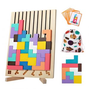Puzzle di Legno 3D Tetris, Tetris Gioco per Bambini, Giochi Montessori, Giocattoli Educativi, Puzzle Legno di Intelligenza con 10 Carte e Borsa Portaoggetti, Regali per Bambini di 3, 4, 5 e 6 Anni