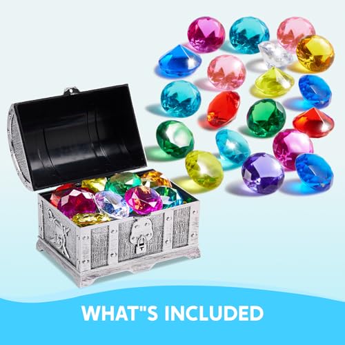 Sloosh Gemme da immersione, giocattolo da piscina, 16 grandi diamanti colorati con forziere del tesoro dei pirati, giocattolo subacqueo per bambini, gemma subacquea, nuoto, regalo, giocattolo - immagine 3