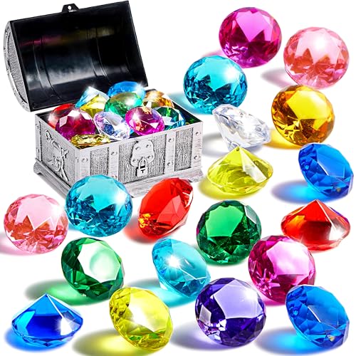 Sloosh Gemme da immersione, giocattolo da piscina, 16 grandi diamanti colorati con forziere del tesoro dei pirati, giocattolo subacqueo per bambini, gemma subacquea, nuoto, regalo, giocattolo