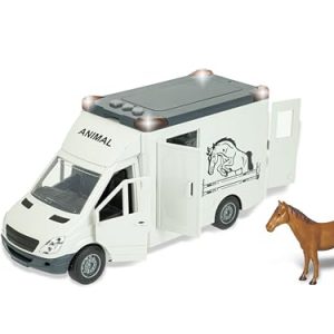 Teorema Giocattoli, Camion per Trasporto Animali con Cavallo Giocattolo Incluso, Camion Giocattolo per Bambini, Furgone con Luci e Suoni Reali, Movimento a Frizione e Porte Apribili, Scala 1:12