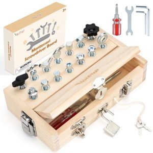 Vanplay Giochi Montessori 3 Anni, Attrezzi Giocattolo Bambini Giochi in Legno per Bambini, Cacciavite Giocattoli da Viaggio con Serratura e Chiave Giocattoli Educativi 3 4 5 6 Anni